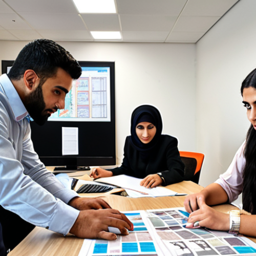 Home 11 **
A bustling media production office. Focus on the "فن الإعداد" (art of preparation). Show a diverse team collaborating on a project plan, with storyboards, schedules, and resource allocation charts visible. The style should be modern and professional, reflecting the importance of meticulous planning in media creation. Include Arabic text snippets on some documents.
**