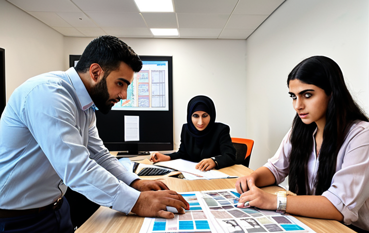 **

A bustling media production office. Focus on the "فن الإعداد" (art of preparation). Show a diverse team collaborating on a project plan, with storyboards, schedules, and resource allocation charts visible. The style should be modern and professional, reflecting the importance of meticulous planning in media creation. Include Arabic text snippets on some documents.

**