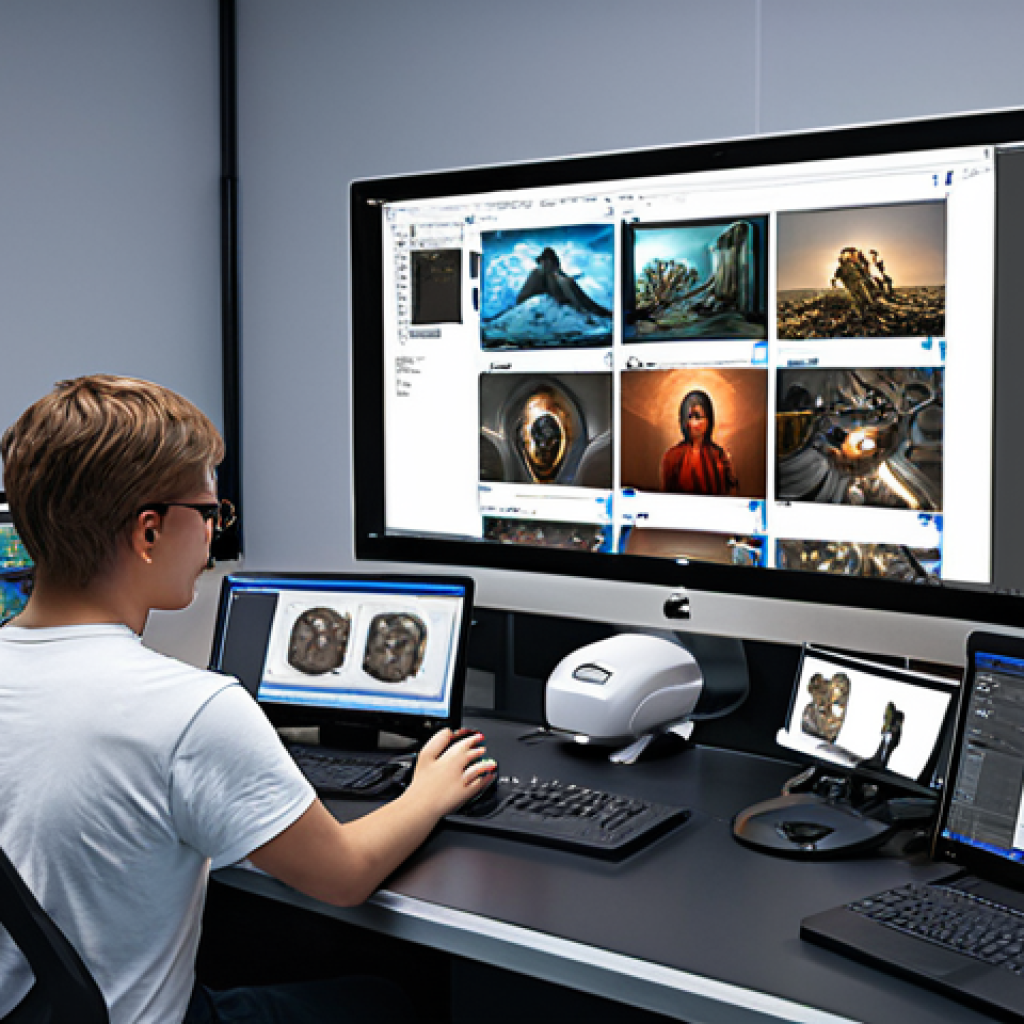 **Digital Media Production Scene:** A busy digital media production workspace with various screens displaying editing software, 3D modeling programs, and AI tools. People collaborating, showcasing advanced technology usage in media creation.