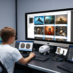 **Digital Media Production Scene:** A busy digital media production workspace with various screens displaying editing software, 3D modeling programs, and AI tools. People collaborating, showcasing advanced technology usage in media creation.
