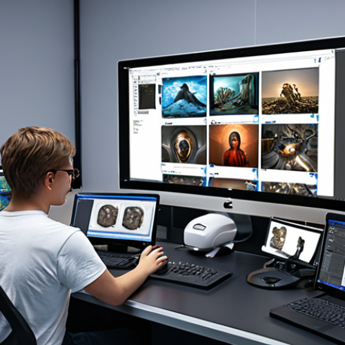 Home 6 **Digital Media Production Scene:** A busy digital media production workspace with various screens displaying editing software, 3D modeling programs, and AI tools. People collaborating, showcasing advanced technology usage in media creation.