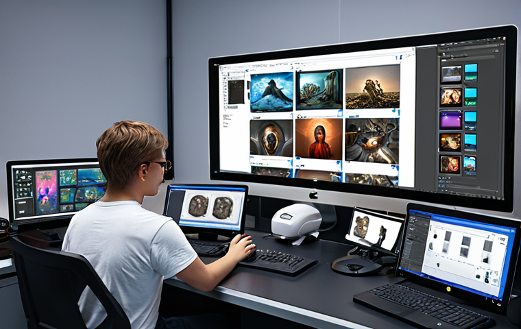 **Digital Media Production Scene:** A busy digital media production workspace with various screens displaying editing software, 3D modeling programs, and AI tools. People collaborating, showcasing advanced technology usage in media creation.