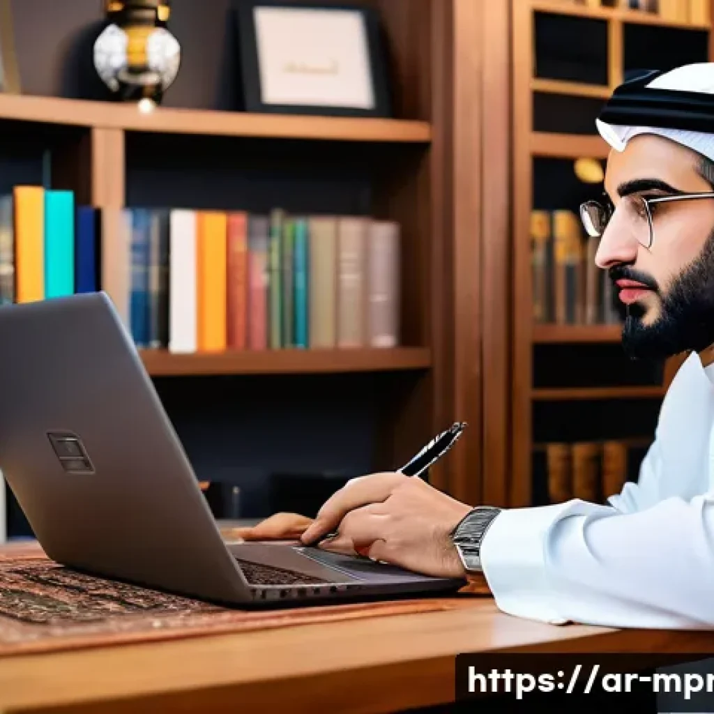 미디어 프로듀서가 알아야 할 저작권 법률 - A professional Arab content creator sitting at a modern desk in a cozy, well-lit home office decorat...