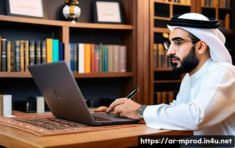 미디어 프로듀서가 알아야 할 저작권 법률 - A professional Arab content creator sitting at a modern desk in a cozy, well-lit home office decorat...