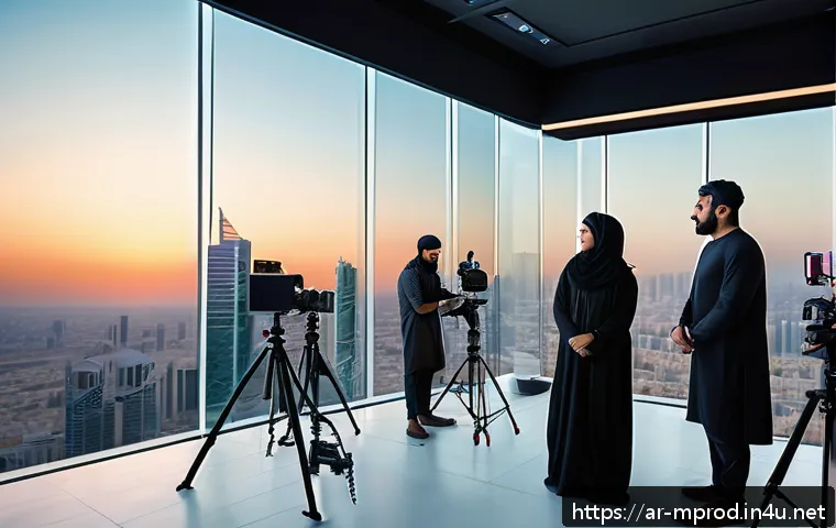 미디어 프로듀서 실무 과정 소개 - A professional media production studio scene featuring a diverse Arab creative team collaborating on...