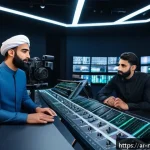 Home 22 미디어 프로듀서와 영상 제작의 관계 - A modern digital video production studio set in an Arab cultural context, showing a diverse team of ...