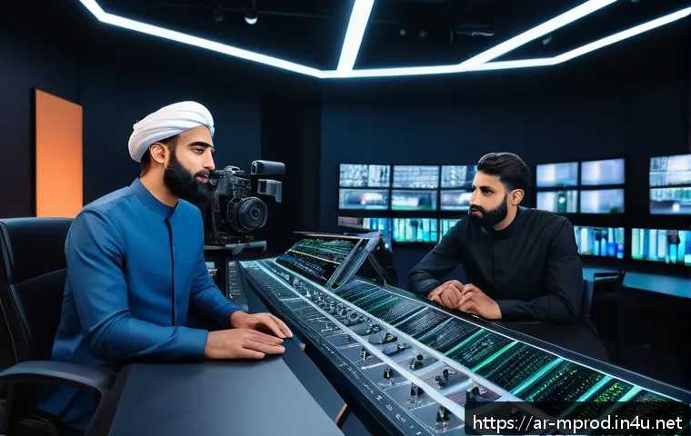 미디어 프로듀서와 영상 제작의 관계 - A modern digital video production studio set in an Arab cultural context, showing a diverse team of ...