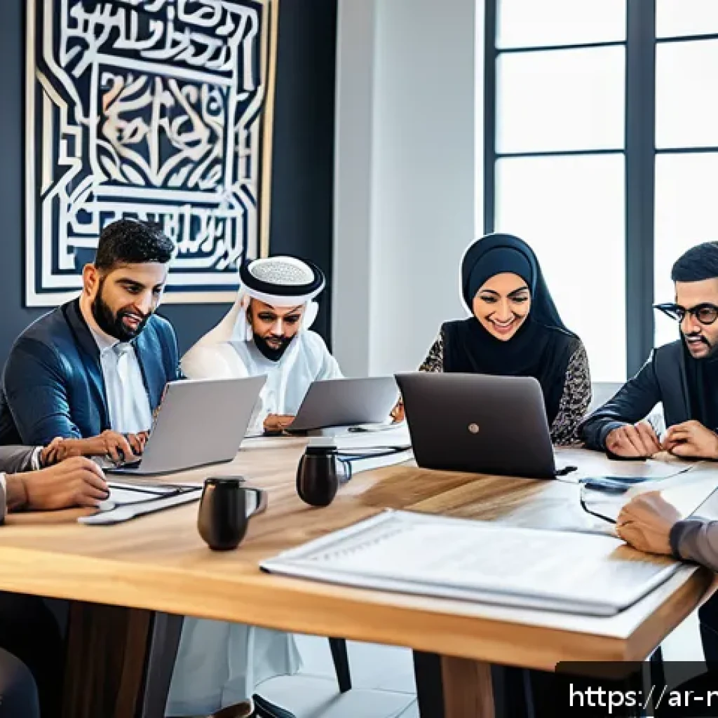 미디어 프로듀서와 협업의 중요성 - A diverse team of Arab media producers collaborating in a modern creative studio, exchanging ideas e...