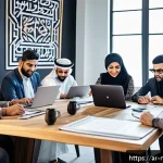 Home 20 미디어 프로듀서와 협업의 중요성 - A diverse team of Arab media producers collaborating in a modern creative studio, exchanging ideas e...