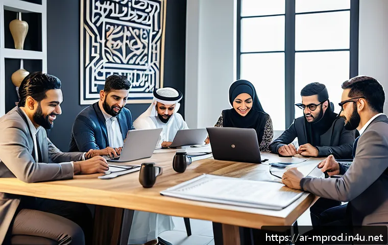미디어 프로듀서와 협업의 중요성 - A diverse team of Arab media producers collaborating in a modern creative studio, exchanging ideas e...