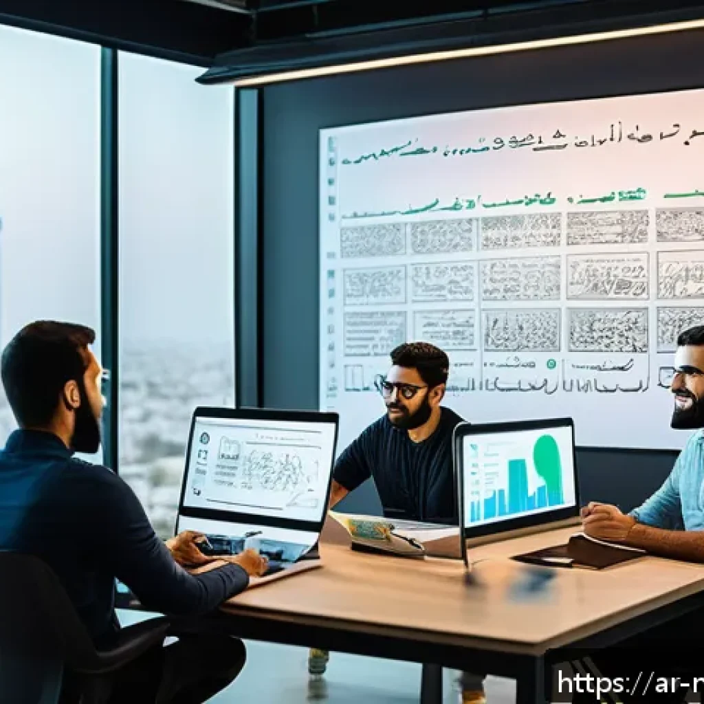 미디어 프로듀서가 다루는 주요 직무 - A modern Arabic creative workspace scene showcasing a diverse team of Middle Eastern professionals c...