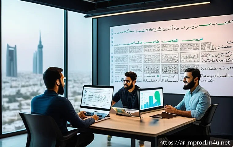 미디어 프로듀서가 다루는 주요 직무 - A modern Arabic creative workspace scene showcasing a diverse team of Middle Eastern professionals c...