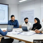 Home 18 미디어 프로듀서의 팀워크 관리 방법 - A diverse Arab production team engaged in an open discussion inside a modern creative studio, men an...