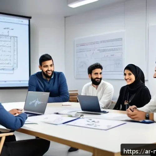 Home 30 미디어 프로듀서의 팀워크 관리 방법 - A diverse Arab production team engaged in an open discussion inside a modern creative studio, men an...