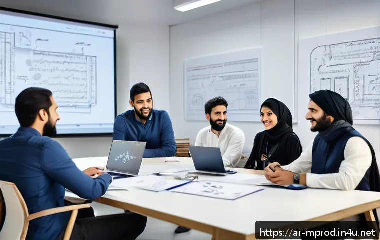 미디어 프로듀서의 팀워크 관리 방법 - A diverse Arab production team engaged in an open discussion inside a modern creative studio, men an...