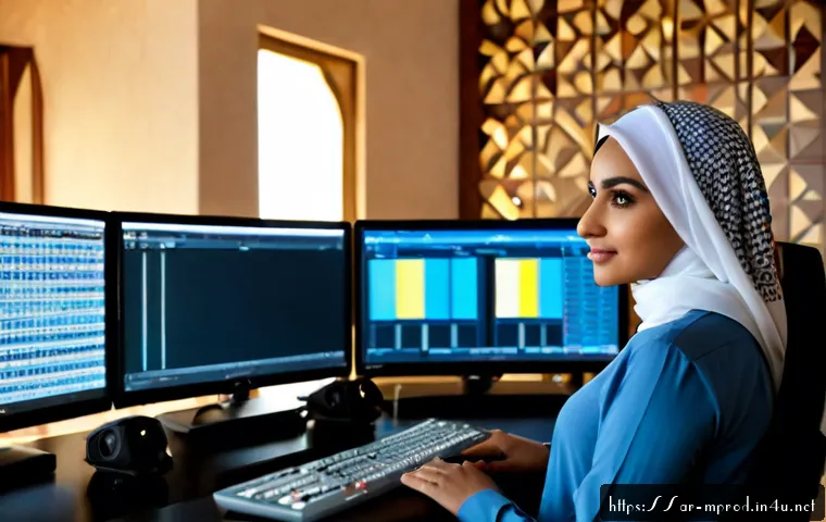 Home 17 미디어 프로듀서가 활용하는 최신 기술 - Photorealistic modern media producer in a refined Gulf Arab studio, wearing modest smart-casual clot...