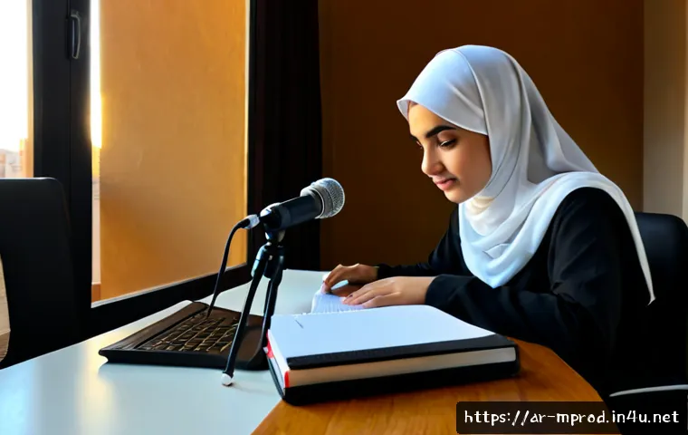 미디어 프로듀서 자격증 취득 과정 브이로그 - Photorealistic home-study vlog scene of a young Arab woman wearing a modest hijab, seated at a tidy ...