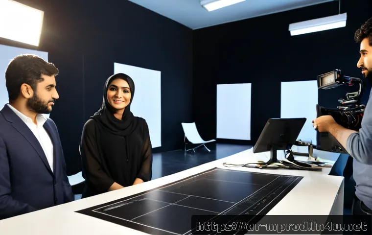 미디어 프로듀서 경력자가 조언하는 성공 전략 - Photorealistic cinematic scene of an experienced Arab media producer mentoring a young creative team...